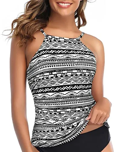 Adjustable Neck Tunnel Straps Women Tankini Top Only-Black And White Stripe
