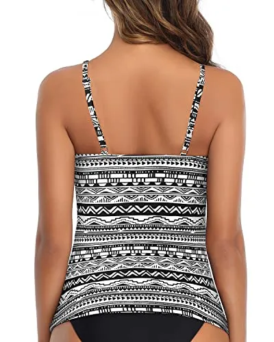 Adjustable Neck Tunnel Straps Women Tankini Top Only-Black And White Stripe