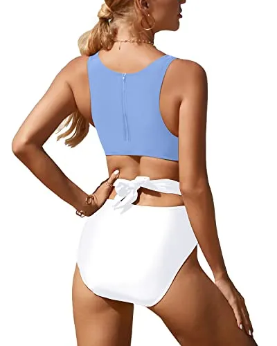 Adjustable Straps Tie Women One Piece Swimsuits-Blue And White