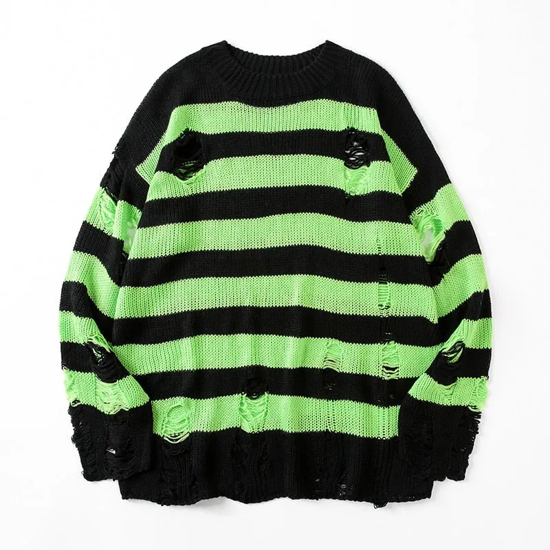 Black Stripe Sweaters Destroyed Ripped Sweater Pullover