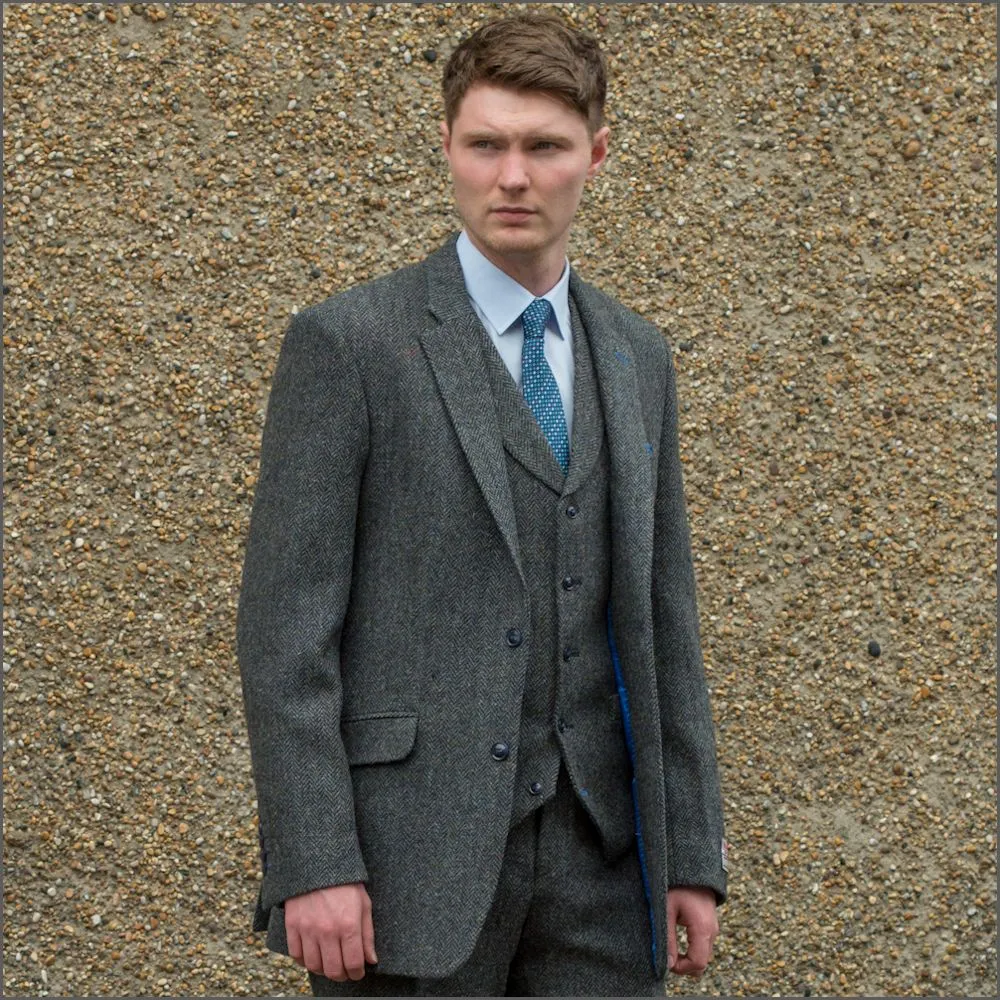 Harris Tweed Heather Blue Herringbone 3pc Suit>
