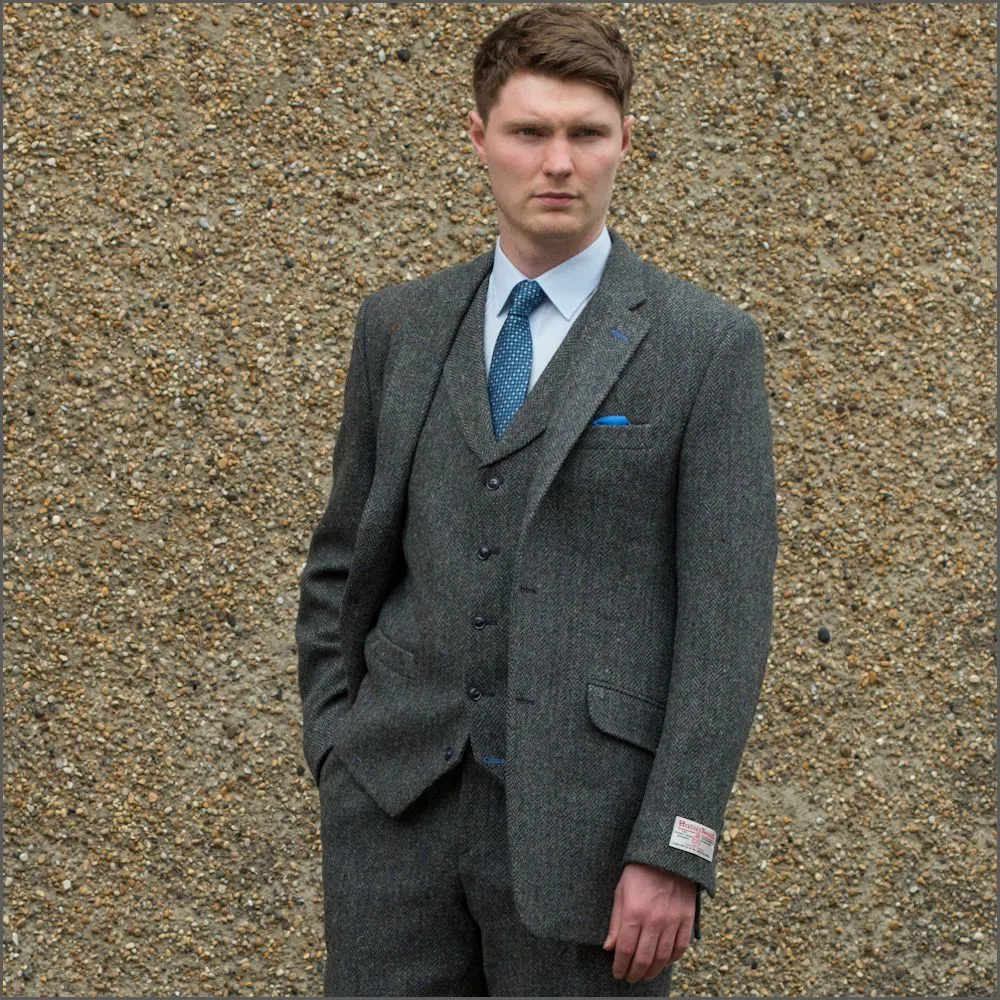Harris Tweed Heather Blue Herringbone 3pc Suit>