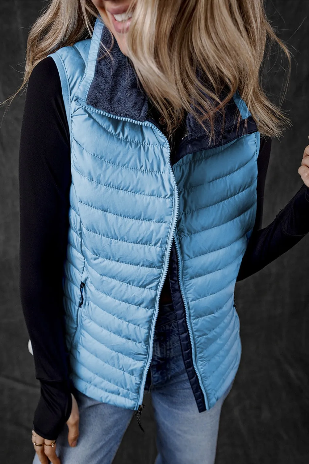 Jenkins Plush Collared Quilted Zipped Puffer Vest - Blue