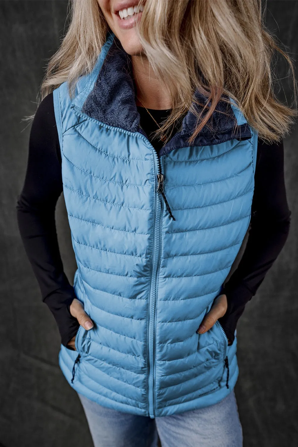 Jenkins Plush Collared Quilted Zipped Puffer Vest - Blue