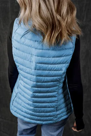 Jenkins Plush Collared Quilted Zipped Puffer Vest - Blue