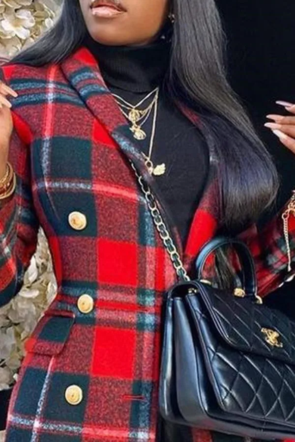 Purpdrank - Red Casual Plaid Patchwork Buttons POLO collar Outerwear