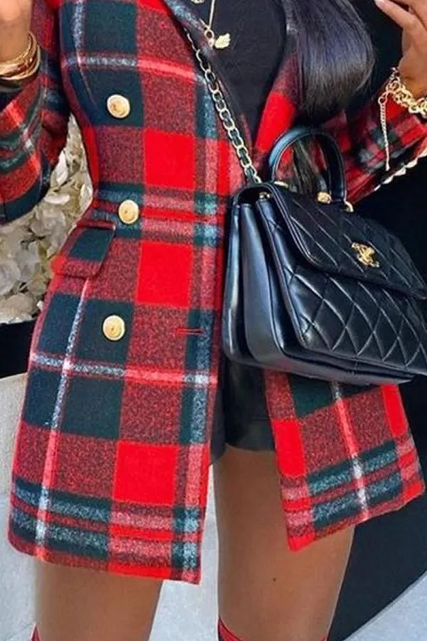 Purpdrank - Red Casual Plaid Patchwork Buttons POLO collar Outerwear