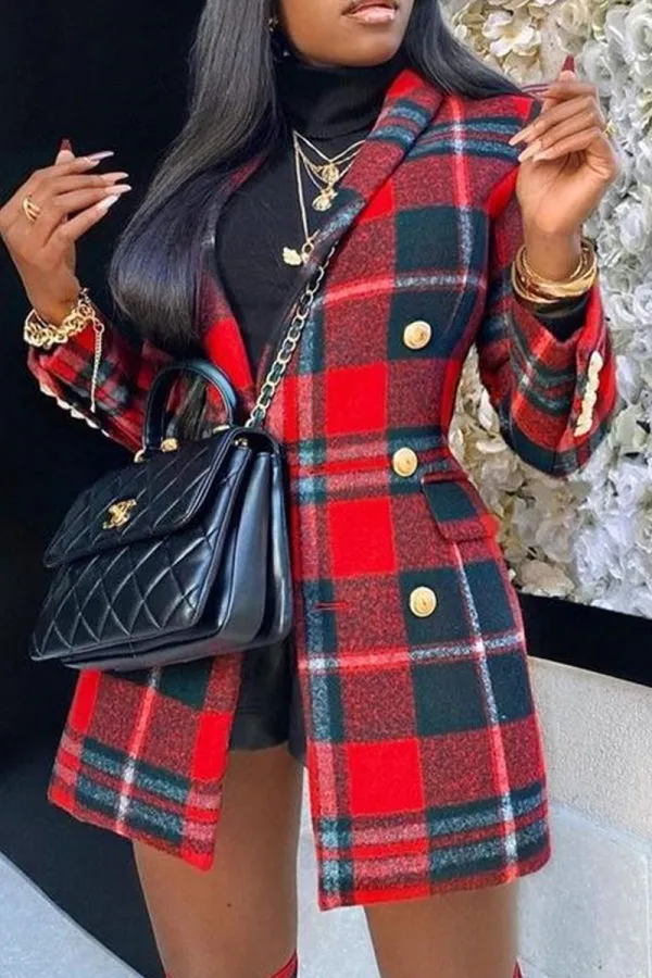 Purpdrank - Red Casual Plaid Patchwork Buttons POLO collar Outerwear