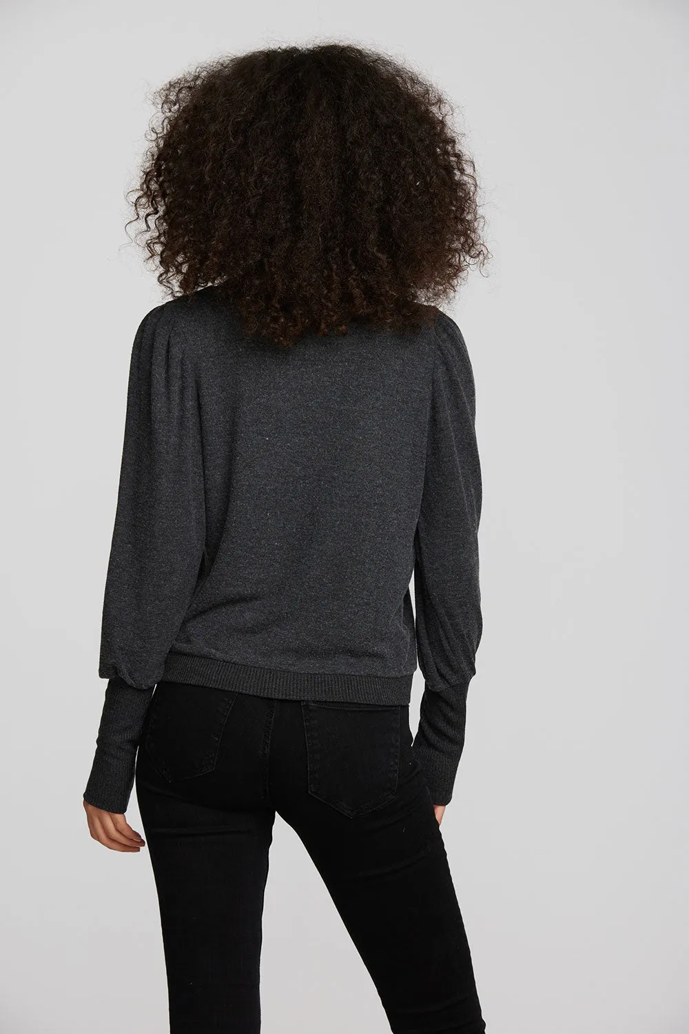 Recycled Bliss Knit Crewneck Pullover with Rib and Puff Sleeve