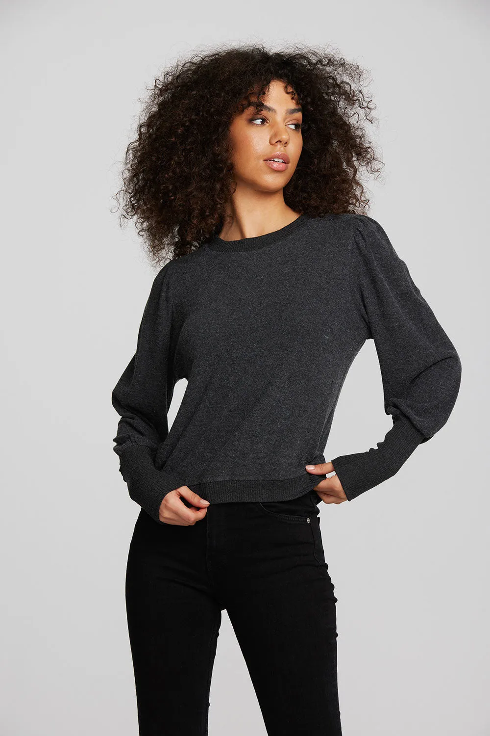 Recycled Bliss Knit Crewneck Pullover with Rib and Puff Sleeve