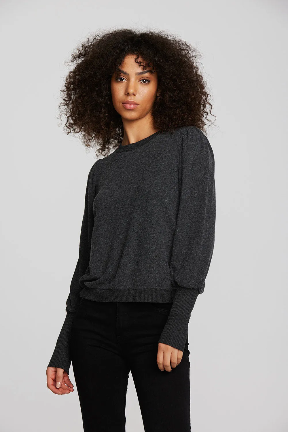Recycled Bliss Knit Crewneck Pullover with Rib and Puff Sleeve