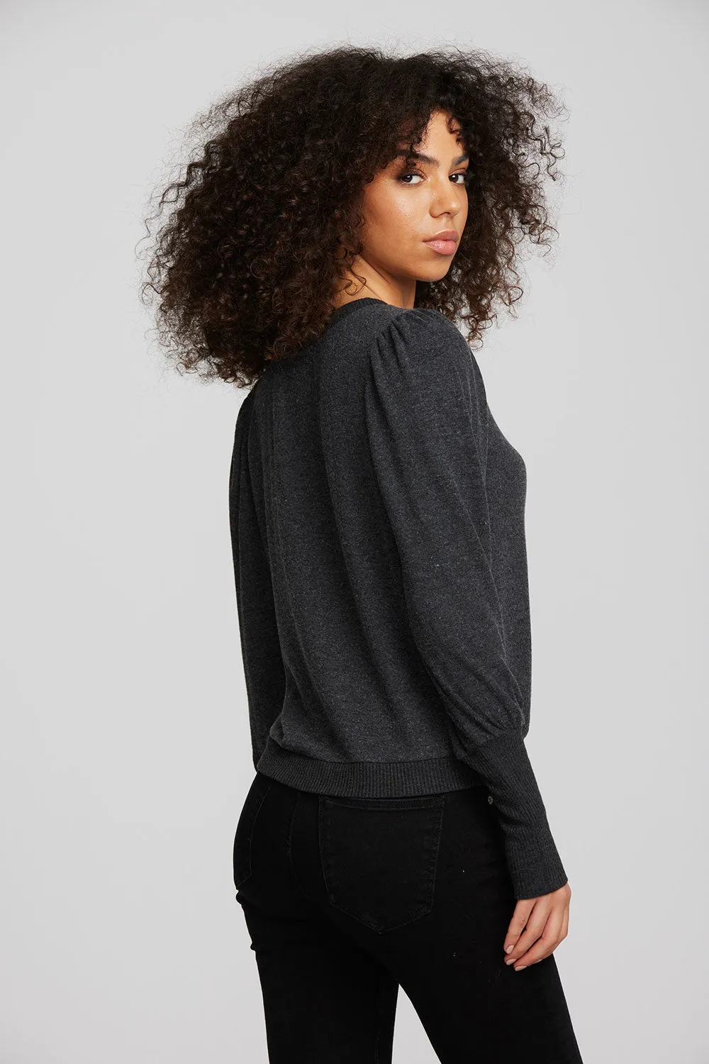 Recycled Bliss Knit Crewneck Pullover with Rib and Puff Sleeve