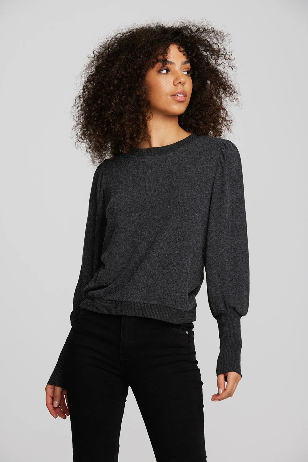 Recycled Bliss Knit Crewneck Pullover with Rib and Puff Sleeve