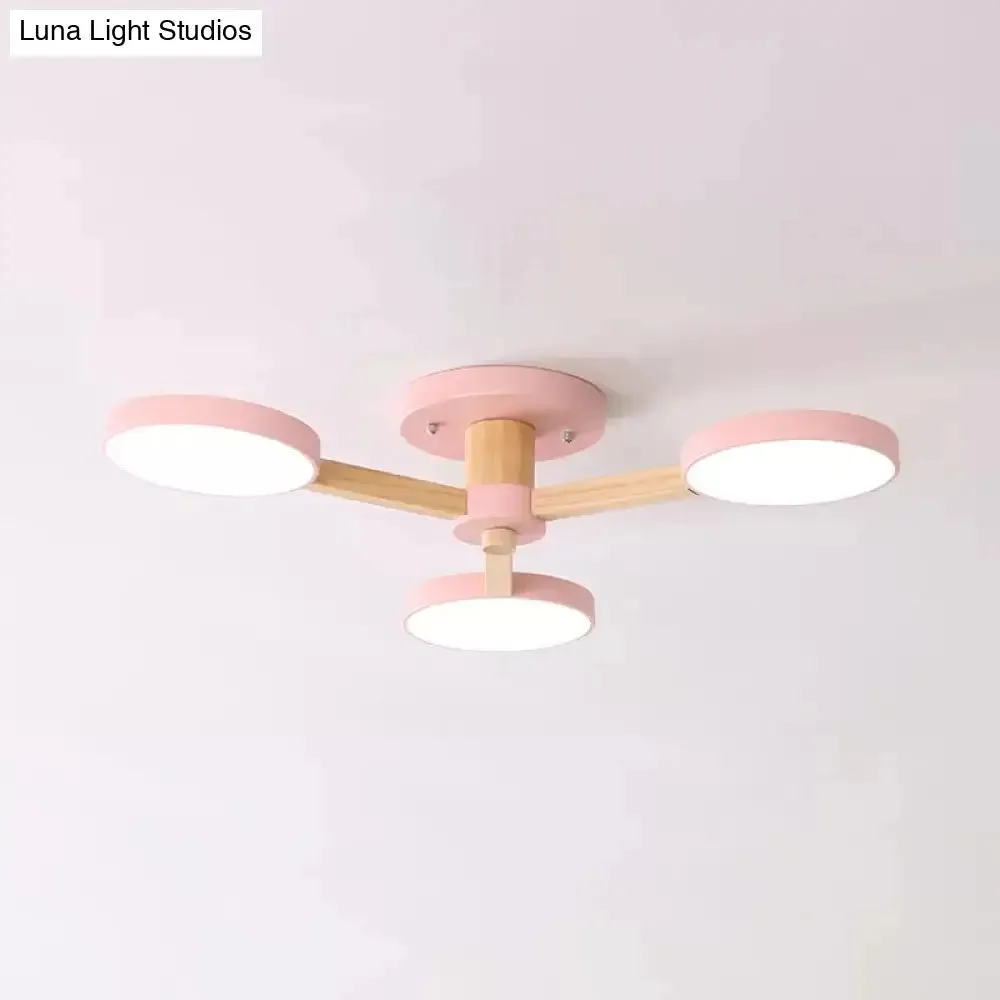 Stylish Macaron Round Ceiling Lamp - Metal Wood with 3 Lights - Undertint Semi Flush Ceiling Light for Cafes